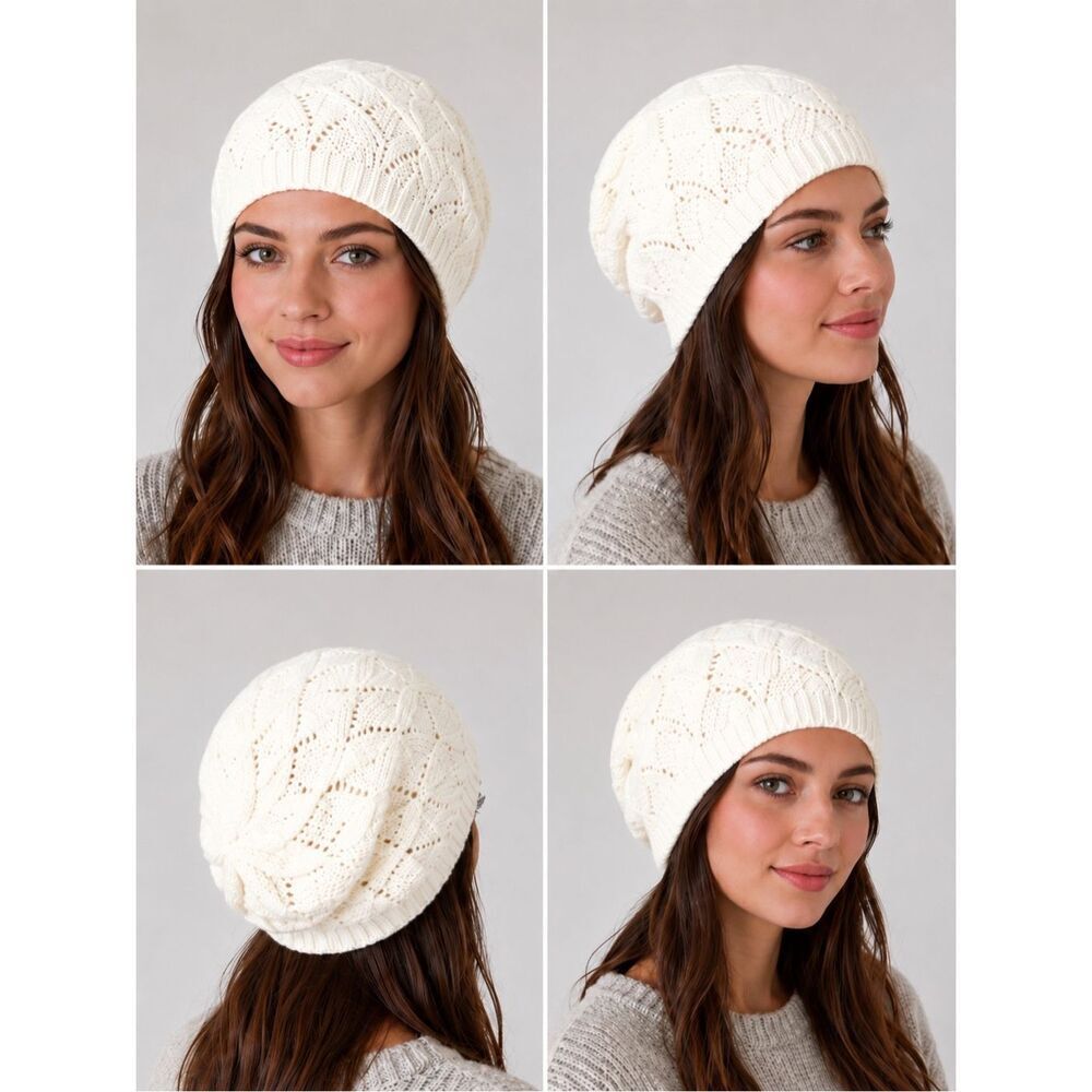 Boho White Cable Knit Slouchy Beanie Hat One Size Soft Lightweight Winter NWOT
